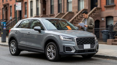 A parking ticket under the wiper of a car rental on a bustling New York street with yellow cabs in the background