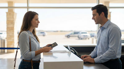 A person shows their passport to an agent at a car rental desk in a bright Texas airport