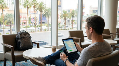 A person checks a map on their phone before driving their car rental in Las Vegas