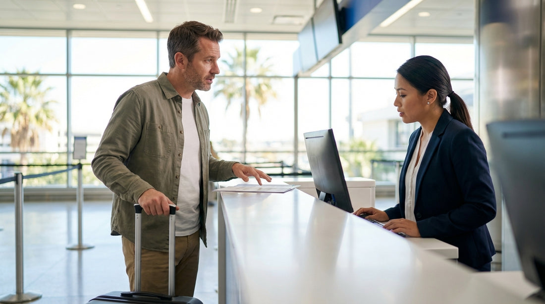 A man inspects a white SUV in a sunny Orlando car hire parking garage