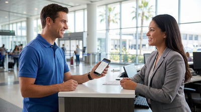 A traveler smiles while collecting the keys for their car hire at an airport in the United States