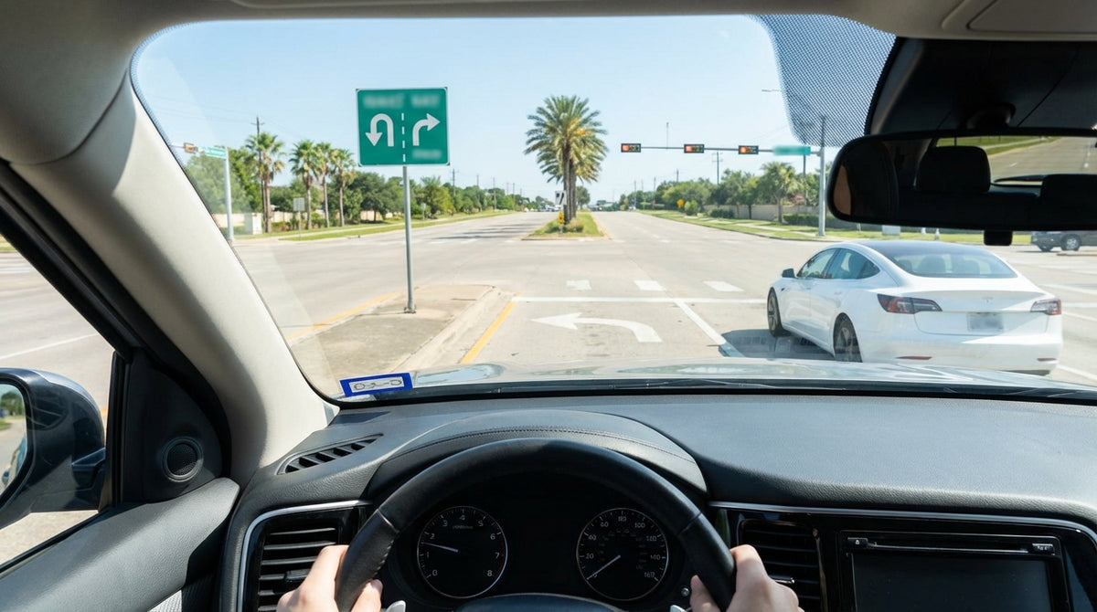 A modern car hire vehicle navigating a multi-lane intersection under a clear blue sky in Texas