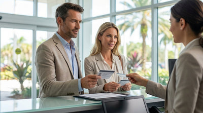 A red convertible car hire driving along a sunny, palm-lined coastal road in Florida