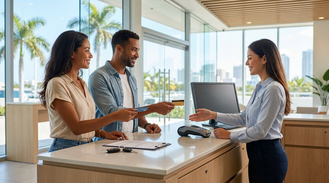 A stylish car hire convertible cruising down a palm-lined street in South Beach, Miami