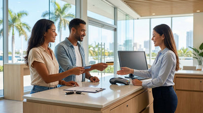 A stylish car hire convertible cruising down a palm-lined street in South Beach, Miami