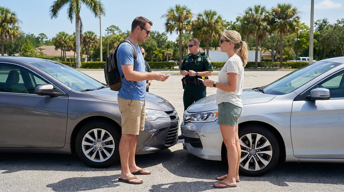 Driver on the phone by their slightly damaged car hire on the side of a sunny road in Florida