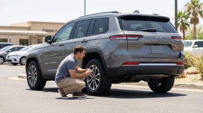 A man crouching to inspect the front wheel of his gray SUV car rental in a bright Texas lot