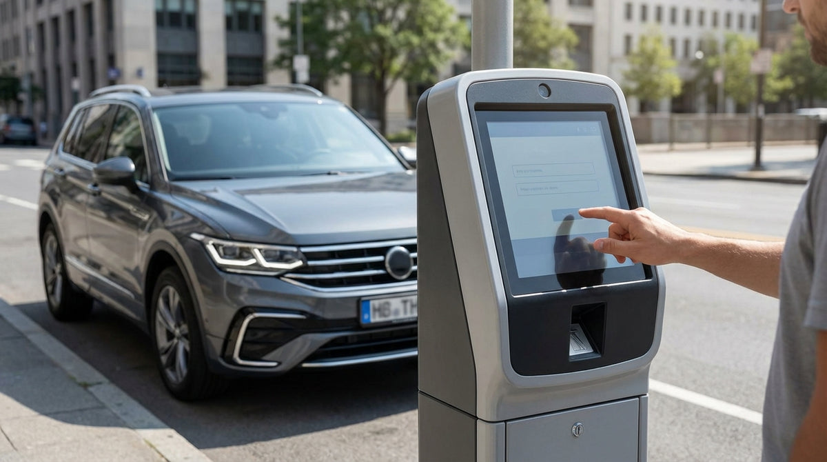 A person using a pay-by-plate parking machine on a San Francisco street for their car hire