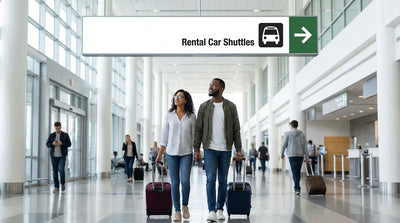 A traveler with a suitcase follows an overhead sign for the AirTrain and car rental inside JFK Airport in New York