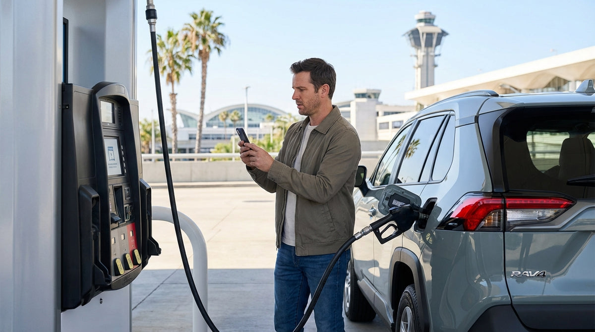 A person refueling their car rental at a gas station with palm trees in sunny Los Angeles