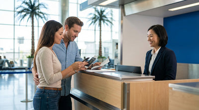 A shiny convertible car rental parked on a sunny street in Miami with tall palm trees in the background