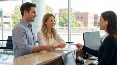 A person presents their driver's license to an agent at a car hire desk in Pennsylvania
