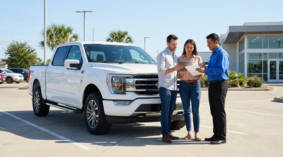 A modern car rental driving down a scenic highway through the rolling hills of Texas at sunset