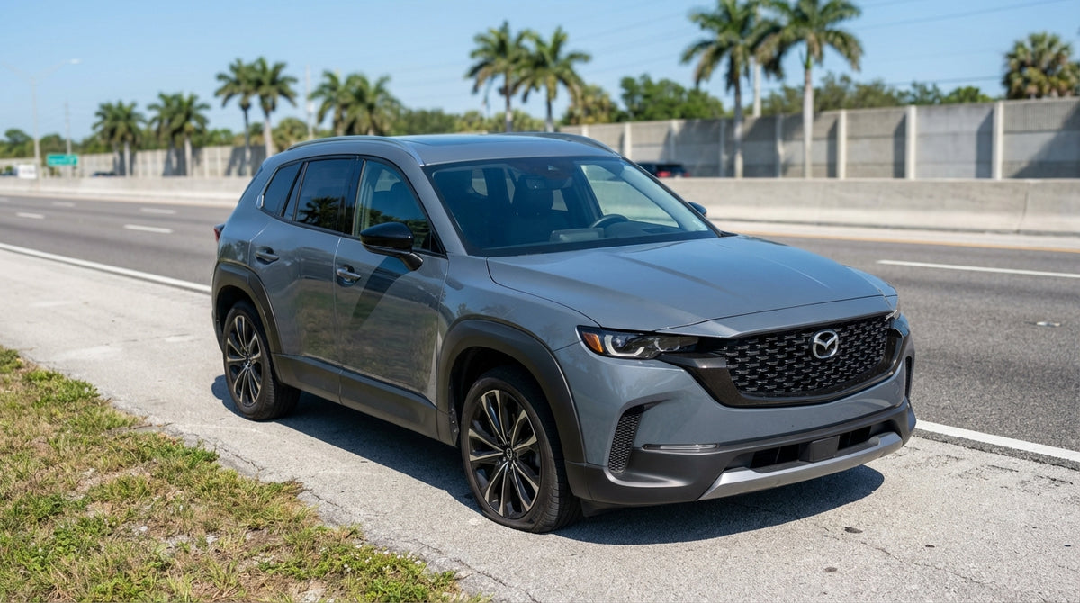 A car rental driving on a sunny Florida motorway with a grassy verge but no hard shoulder in sight