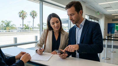 A red convertible car hire driving on a scenic coastal highway with ocean views in California