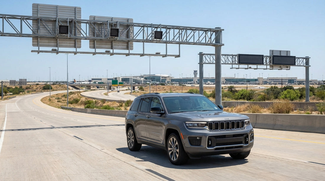 A modern car hire vehicle driving on a sunny Texas highway with large green exit and toll road signs overhead