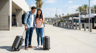 A car rental shuttle bus waits for passengers near the Metro K Line's Aviation/LAX station in Los Angeles