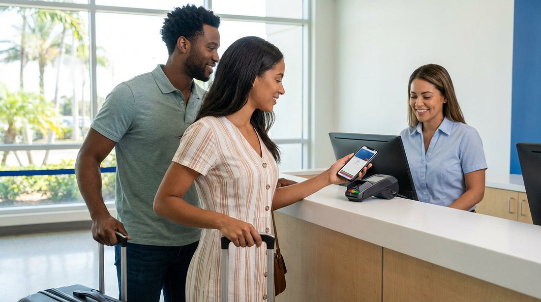 A person's hand holding a smartphone to a payment terminal for a car hire at an airport in Florida