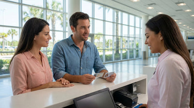 A customer hands their driver's license and passport over a car hire counter in Orlando
