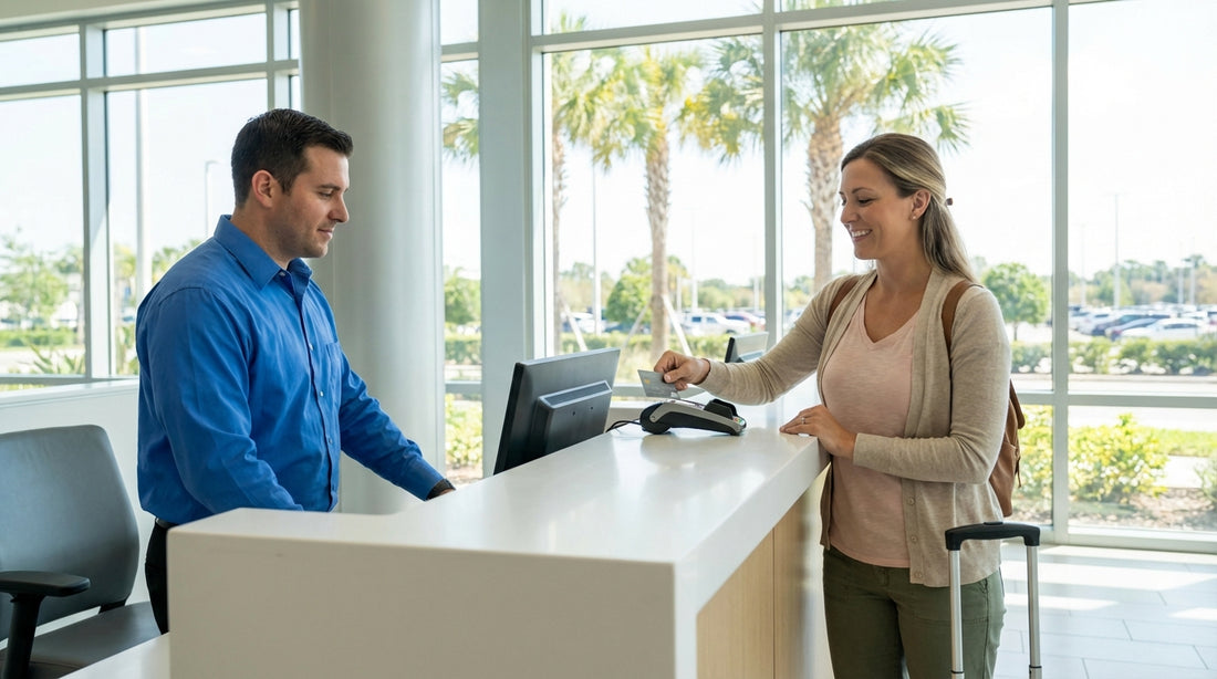 A convertible car hire driving down a scenic, palm-lined coastal road in sunny Florida