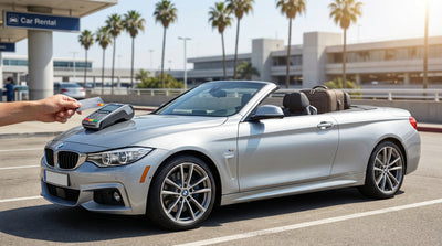 A red convertible car rental driving down a palm tree-lined street in Los Angeles