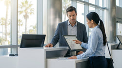 Traveler with luggage standing next to a vehicle at a California airport car rental lot