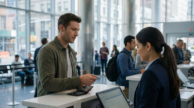 A person's car hire driving across a busy bridge towards the New York City skyline on a clear day