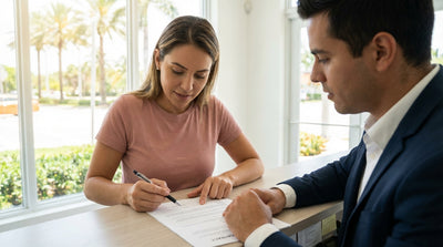 A white convertible car hire driving along Ocean Drive in Miami, past palm trees and colorful Art Deco buildings