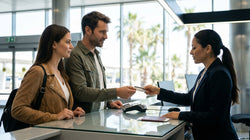 Close-up of a customer paying with a credit card at a Miami car rental desk