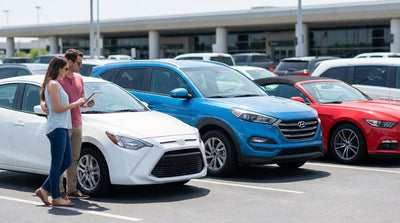 A row of different cars, from compact to SUV, available for car hire in the United Estates