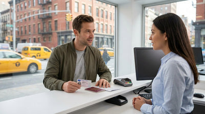 A silver car rental parked with a view of the Brooklyn Bridge and the New York skyline