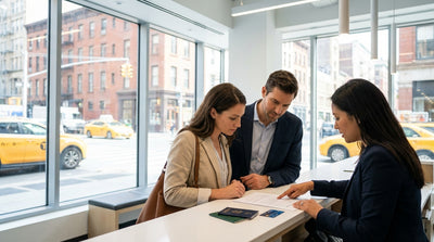 A rental car driving through Times Square in New York, surrounded by bright billboards and yellow cabs