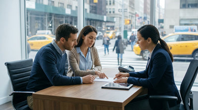 Yellow cabs and a modern car rental driving on a busy street in New York City