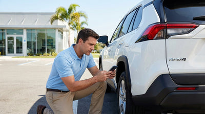 A red convertible car hire driving down a scenic coastal highway in Florida on a sunny day