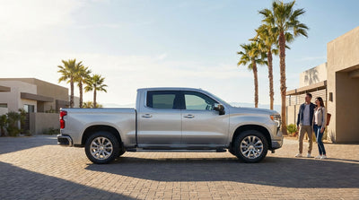 A modern car rental on a long, straight road through the wide-open landscape of West Texas