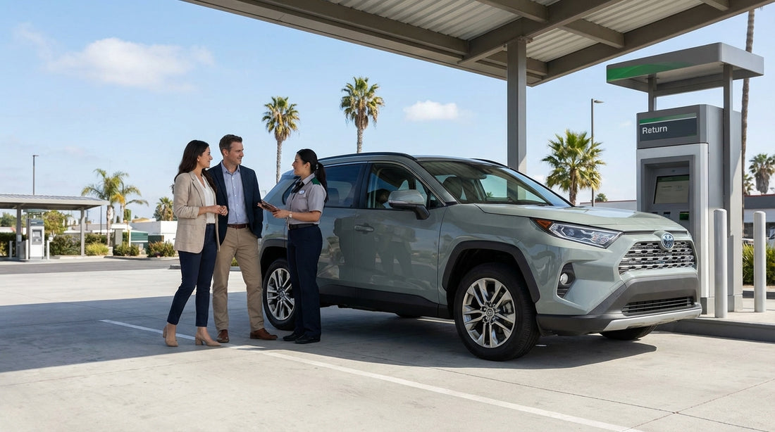 A red convertible car hire driving along a sunny, winding coastal road in California overlooking the blue ocean
