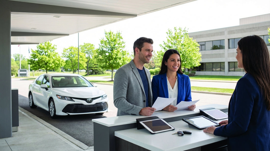 A modern car hire driving past Philadelphia's City Hall on a sunny day in Pennsylvania