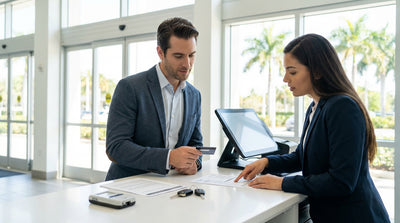 A red convertible car hire driving down a sunny, palm-lined street with art deco buildings in Miami