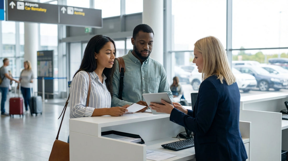 A convertible car hire driving down a sunny, palm-lined street in Los Angeles