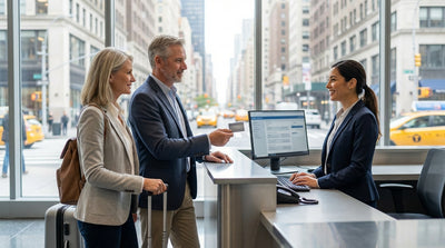 A silver car rental parked on a busy New York City street with yellow taxis and skyscrapers in the background