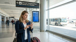Travelers with luggage boarding a car rental shuttle bus outside a busy Los Angeles airport terminal