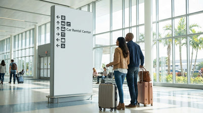 A traveler with a suitcase follows signs for the car rental center at Miami International Airport