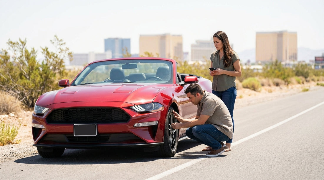 A modern car hire driving down the Las Vegas Strip at night, illuminated by the bright neon lights of the casinos