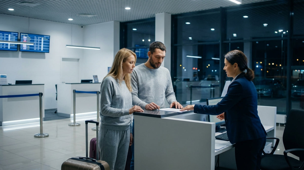 A person with luggage stands at an empty car rental desk in a New York airport at night