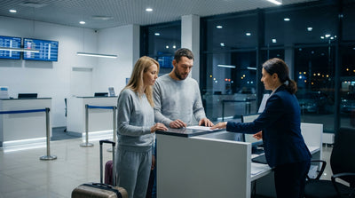 A person with luggage stands at an empty car rental desk in a New York airport at night