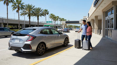 A small white car hire parked on a sunny street with palm trees in Orlando