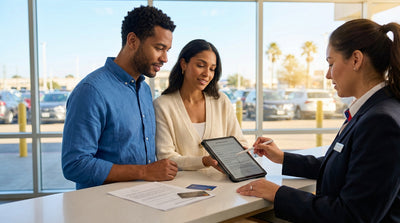 A person signing a car hire agreement on a car's hood with the Texas landscape in the background