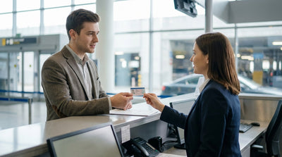 A modern car rental on an empty desert highway in Arizona with red rock buttes on the horizon