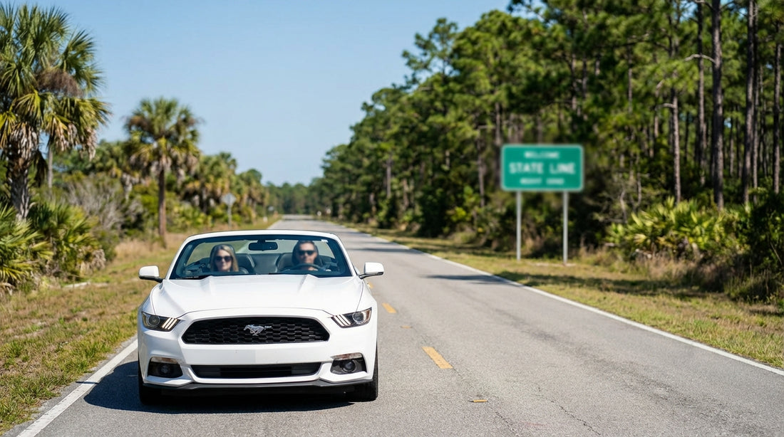A red convertible car hire driving down a scenic coastal highway in Florida with palm trees