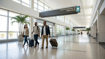 Travelers with luggage walk through Orlando Airport's Terminal C, following signs to the car rental desks